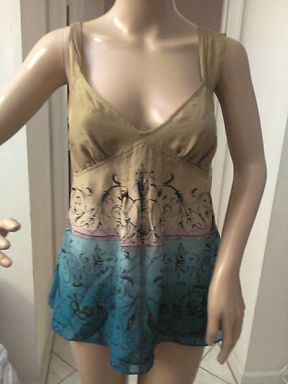 NWT DKNY SILK Sleeveless V-Neck Ombre Chemise Olive & Teal SZ. 10